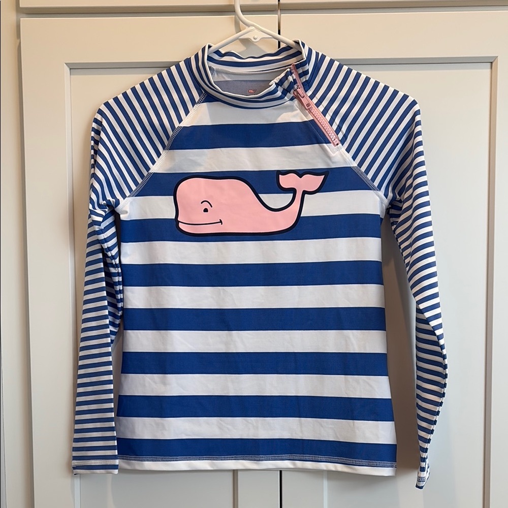 NWOT Vineyard Vines Kids Blue and White Striped Swim Shirt with Pink Whale